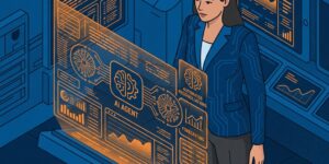 "Ilustración conceptual e isométrica que muestra a un CFO supervisando un entorno financiero digitalizado donde un agente de IA orquesta flujos de datos y conciliaciones conectadas al ERP corporativo.
