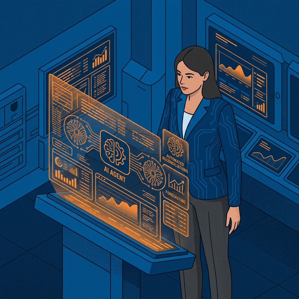 "Ilustración conceptual e isométrica que muestra a un CFO supervisando un entorno financiero digitalizado donde un agente de IA orquesta flujos de datos y conciliaciones conectadas al ERP corporativo.
